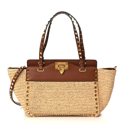 Valentino Garavani Raffia Calfskin Small Rockstud Tote Naturale Saddle Brown 1 of 8