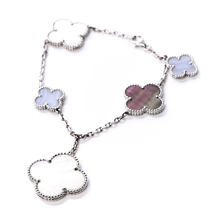 Van Cleef & Arpels 18K White Gold Chalcedony Mother of Pearl 5 Motifs Magic Alhambra Bracelet 1 of 6