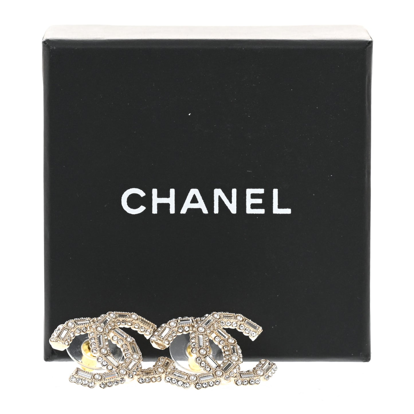 Crystal Baguette Pearl CC Earrings Gold Pearly White