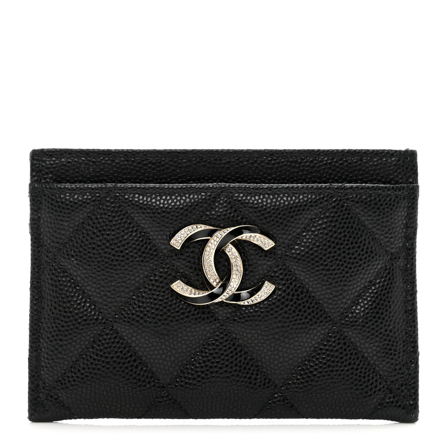 Caviar Quilted Crystal Enamel CC Card Holder Black