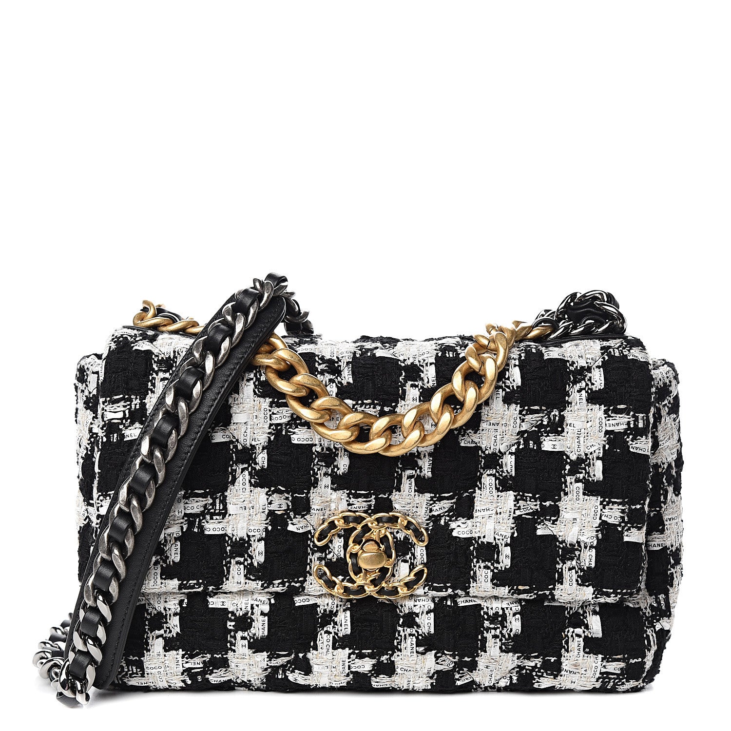 Chanel Tweed Quilted Medium 19 Flap Black Ecru White 1 of 10