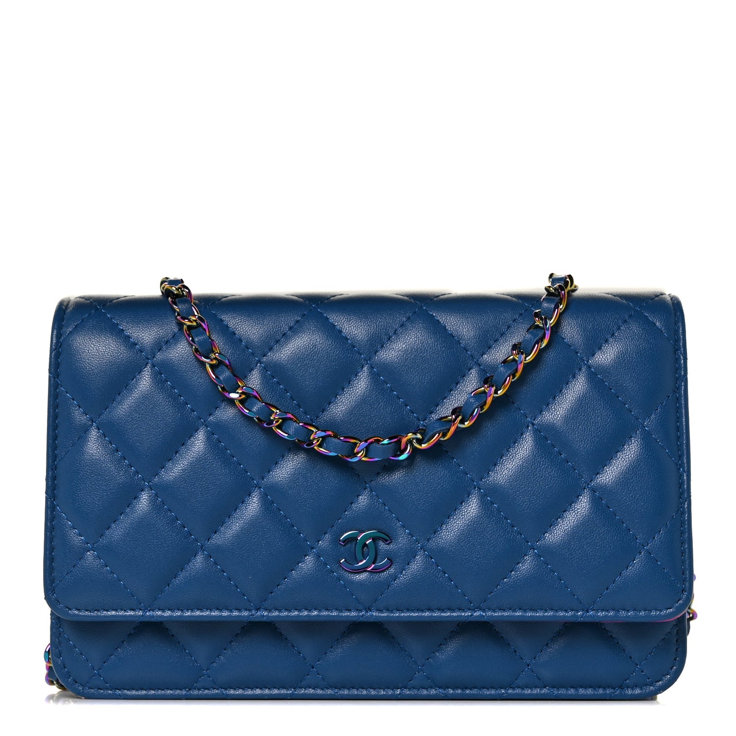 Lambskin Quilted Wallet On Chain WOC Dark Blue Pink