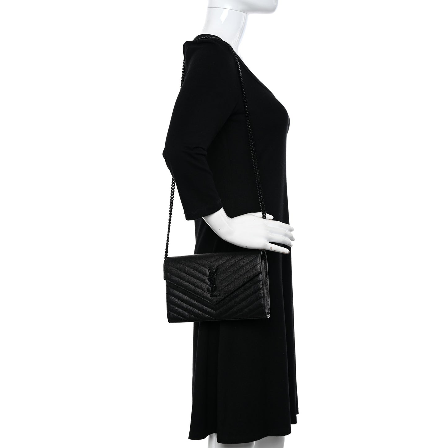 Grain De Poudre Matelasse Chevron Monogram Monochrome Chain Wallet Black