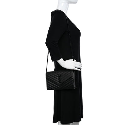 Saint Laurent Grain De Poudre Matelasse Chevron Monogram Monochrome Chain Wallet Black 2 of 9