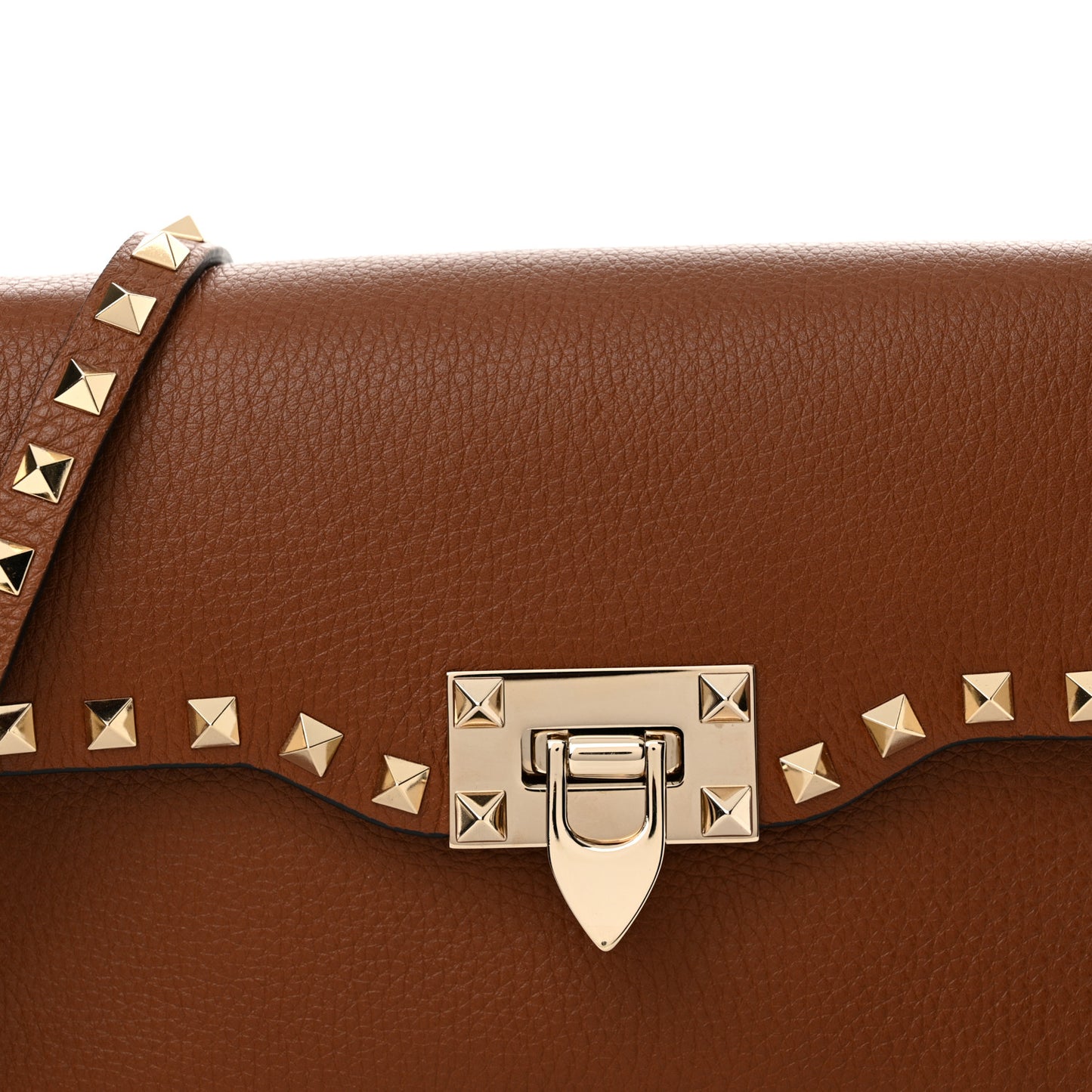 Pebbled Calfskin Medium Rockstud Flip Lock Crossbody Bag Saddle Brown