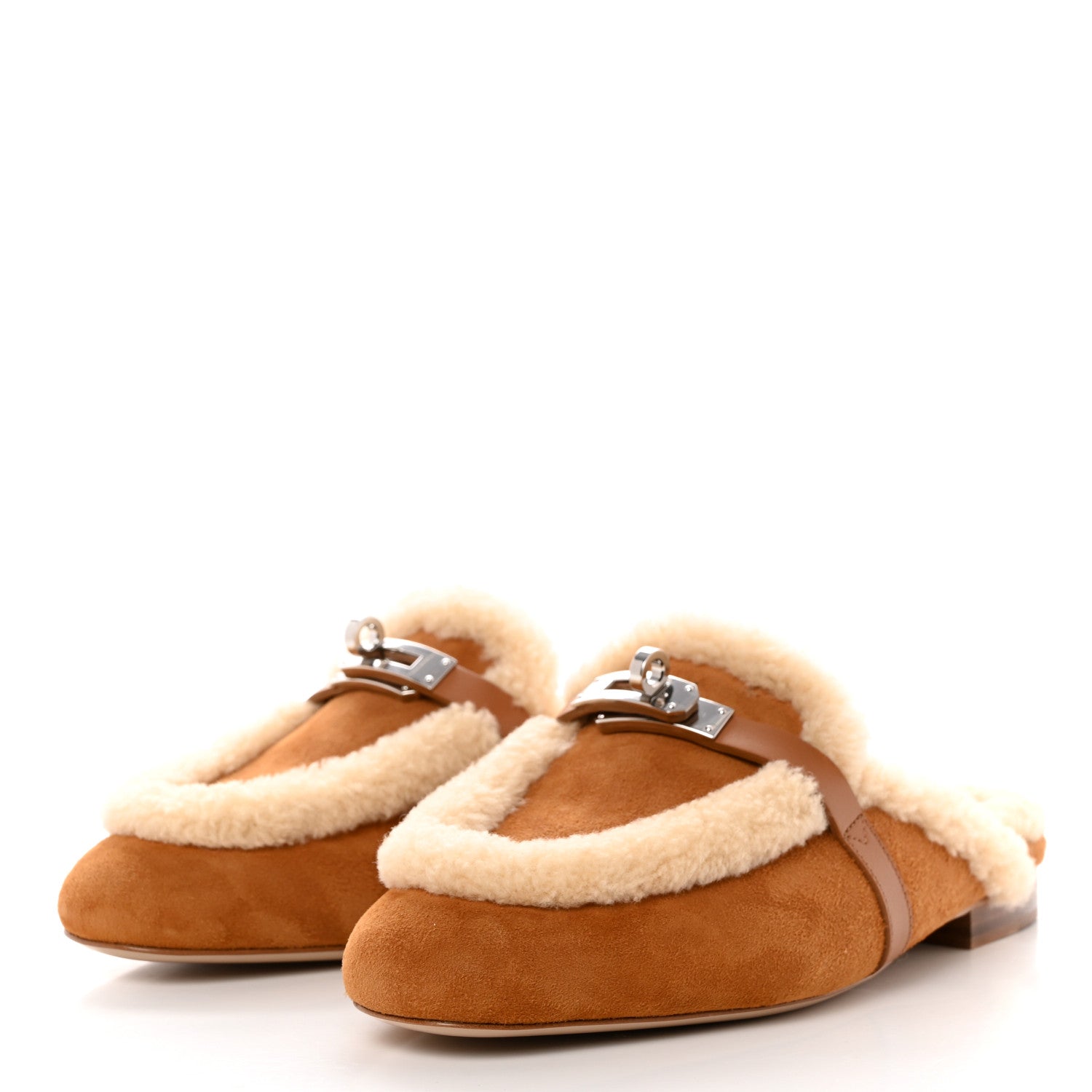 Hermes Suede Goatskin Woolskin Womens Oz Mules 37 Naturel 3 of 9