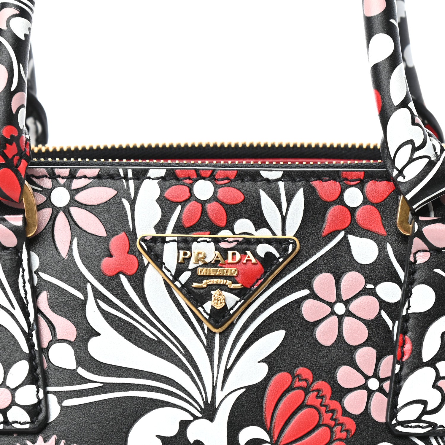 Prada Calfskin Floreale Medium Galleria Double Zip Tote White Black Pink 9 of 9