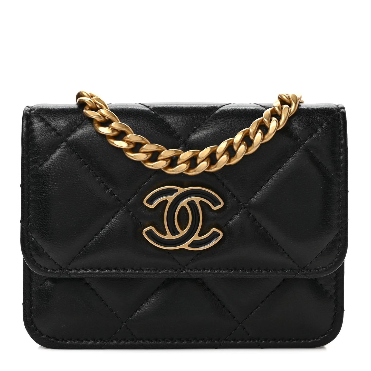Lambskin Enamel Quilted Pending CC Flap Belt Bag Black