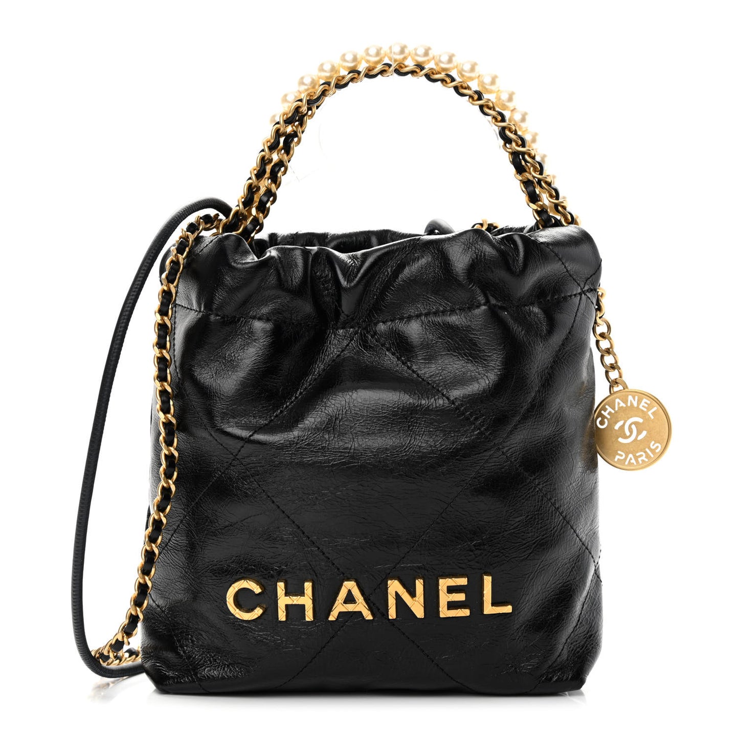 Shiny Crumpled Calfskin Quilted Pearl Mini Chanel 22 Black