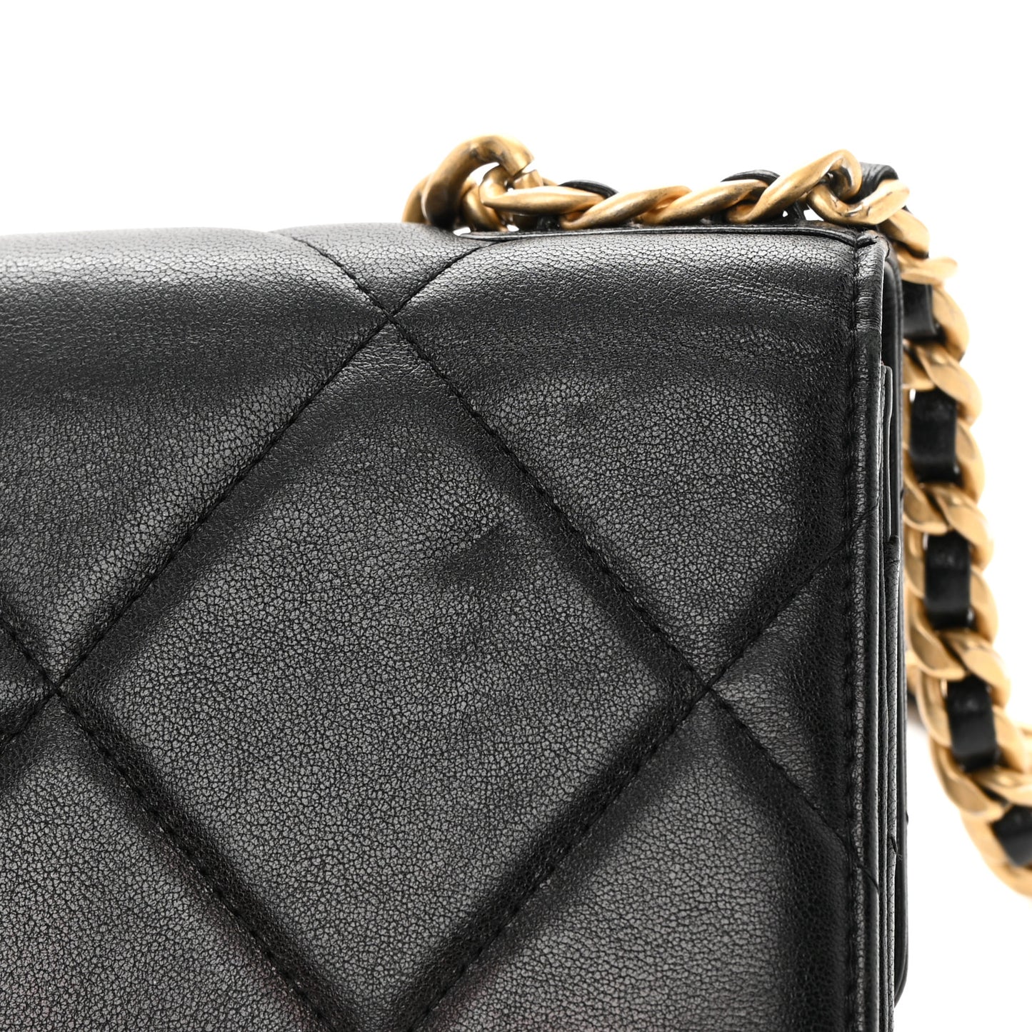 Shiny Goatskin Quilted Chanel 19 Wallet On Chain WOC Black