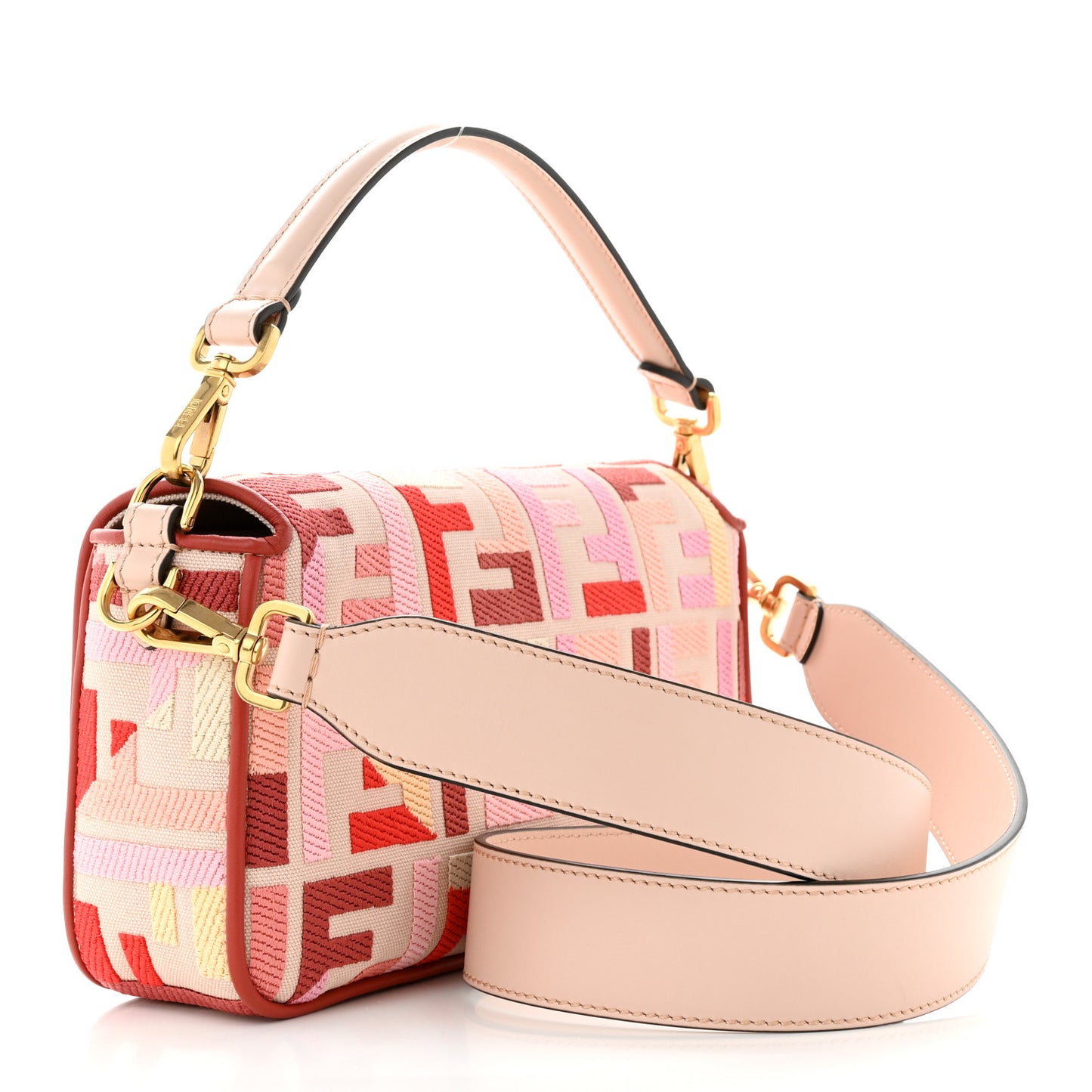Canvas Vitello King FF Embroidered Baguette Rosa Quarzo Bloody Mary Multicolor