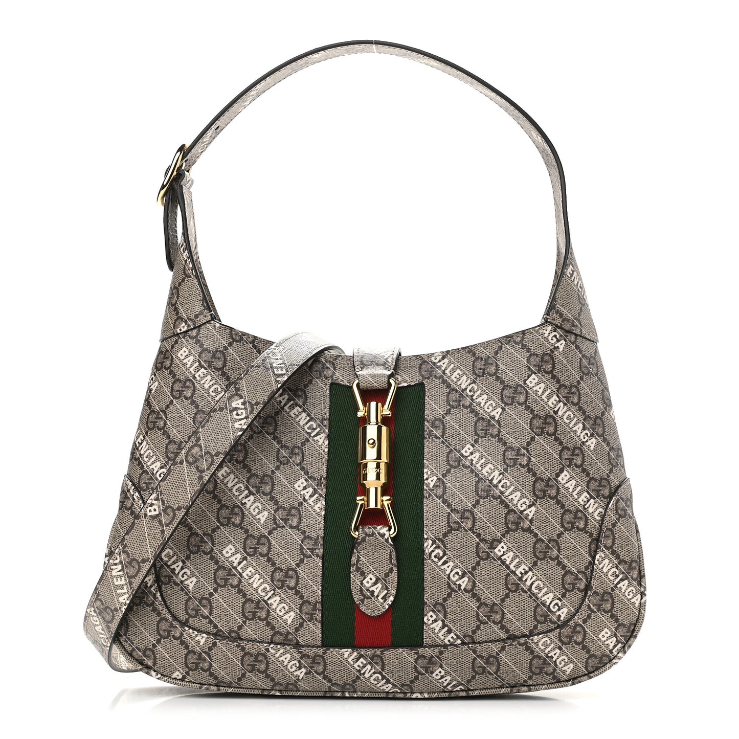 X BALENCIAGA GG Supreme Monogram Striped Logo Print Web Small Jackie 1961 Hobo Beige Ebony Mystic White