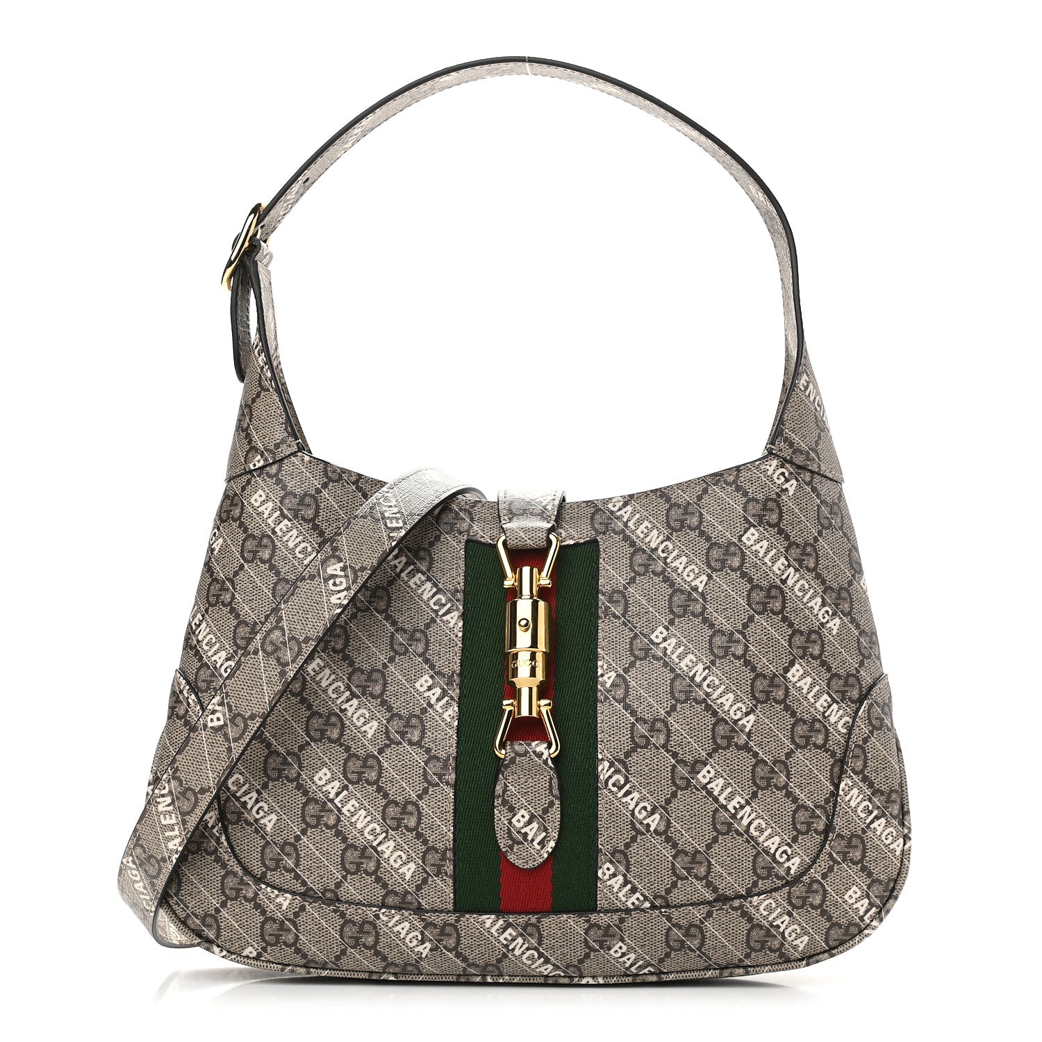 Gucci X BALENCIAGA GG Supreme Monogram Striped Logo Print Web Small Jackie 1961 Hobo Beige Ebony Mystic White 1 of 9