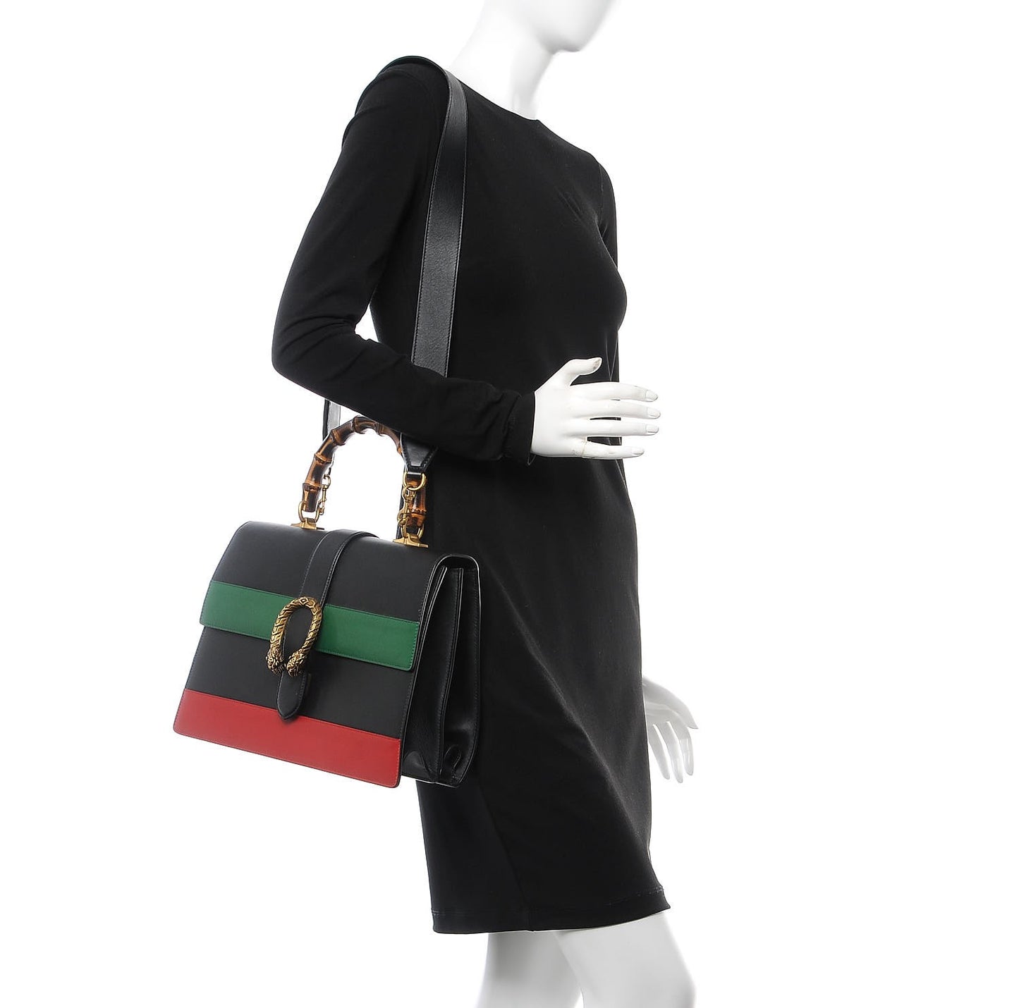 Calfskin Bamboo Web Large Dionysus Top Handle Bag Black Bright Evergreen Hibiscus Red