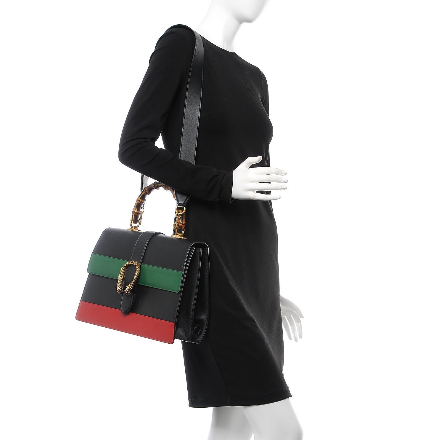 Gucci Calfskin Bamboo Web Large Dionysus Top Handle Bag Black Bright Evergreen Hibiscus Red 4 of 12