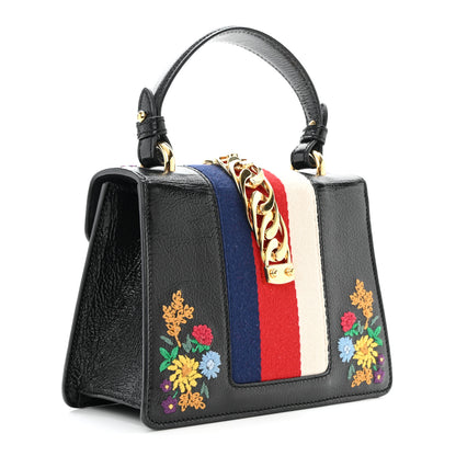Gucci Patent Embroidered Mini Sylvie Top Handle Bag Black 3 of 11