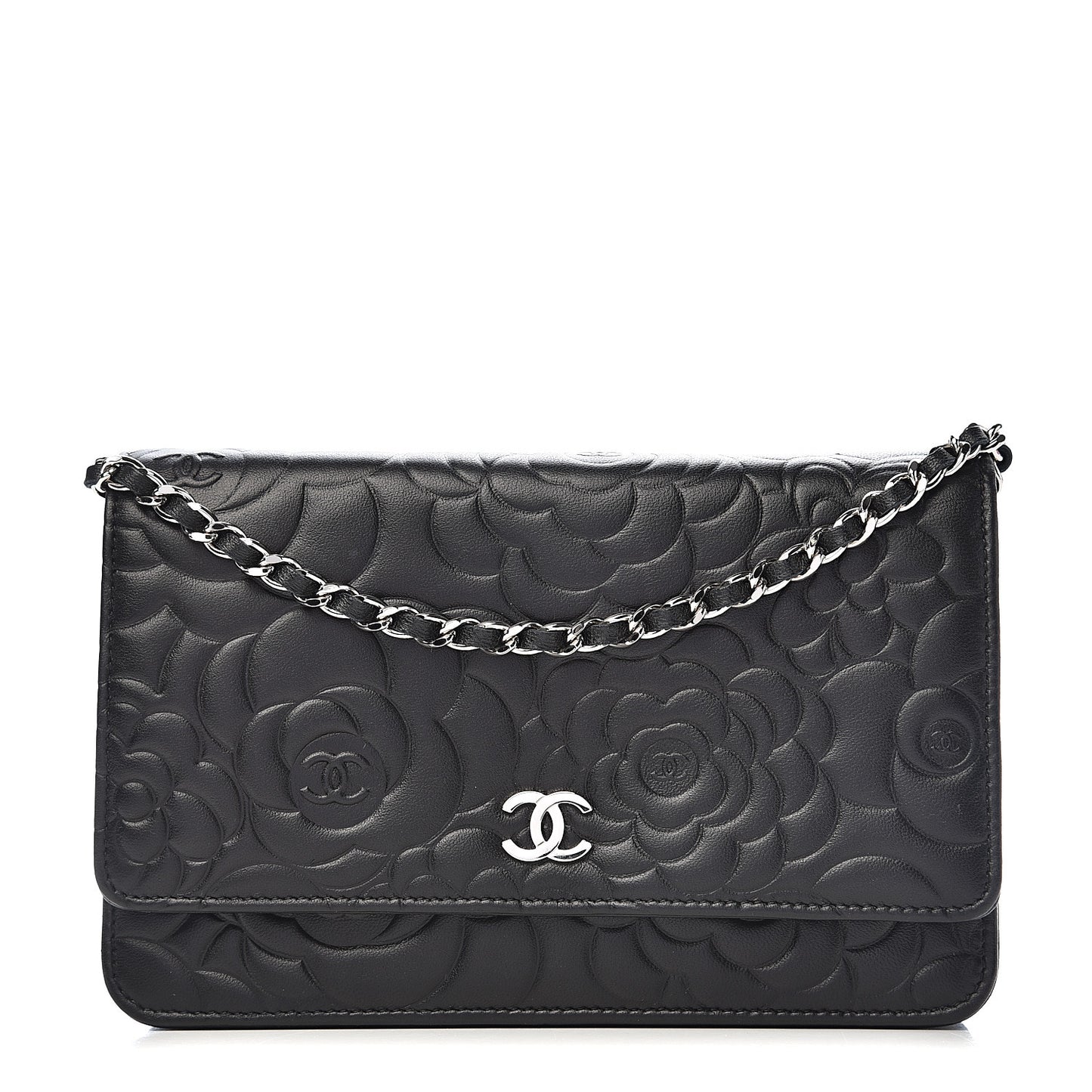 Lambskin Camellia Embossed Wallet on Chain WOC Black