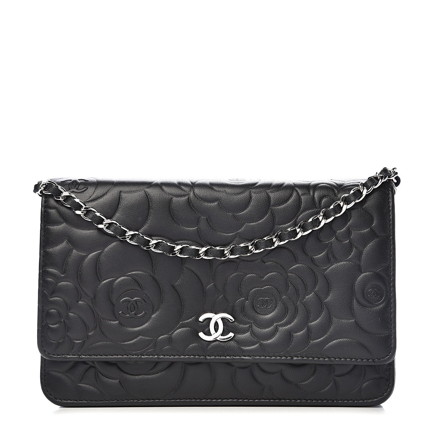 Chanel Lambskin Camellia Embossed Wallet on Chain WOC Black 1 of 11