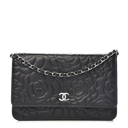 Chanel Lambskin Camellia Embossed Wallet on Chain WOC Black 1 of 11