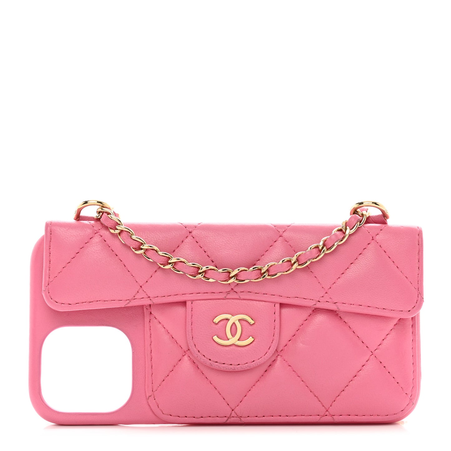 Lambskin Quilted Pearl Crush iPhone XII Pro Holder With Chain Pink