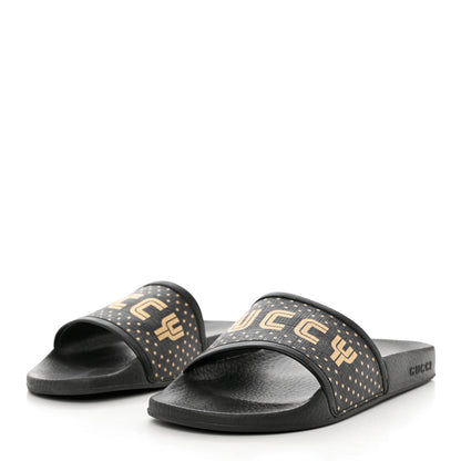 Gucci X SEGA Supreme Canvas GUCCY Stars Womens Slide Sandals 39 Black Gold 3 of 10