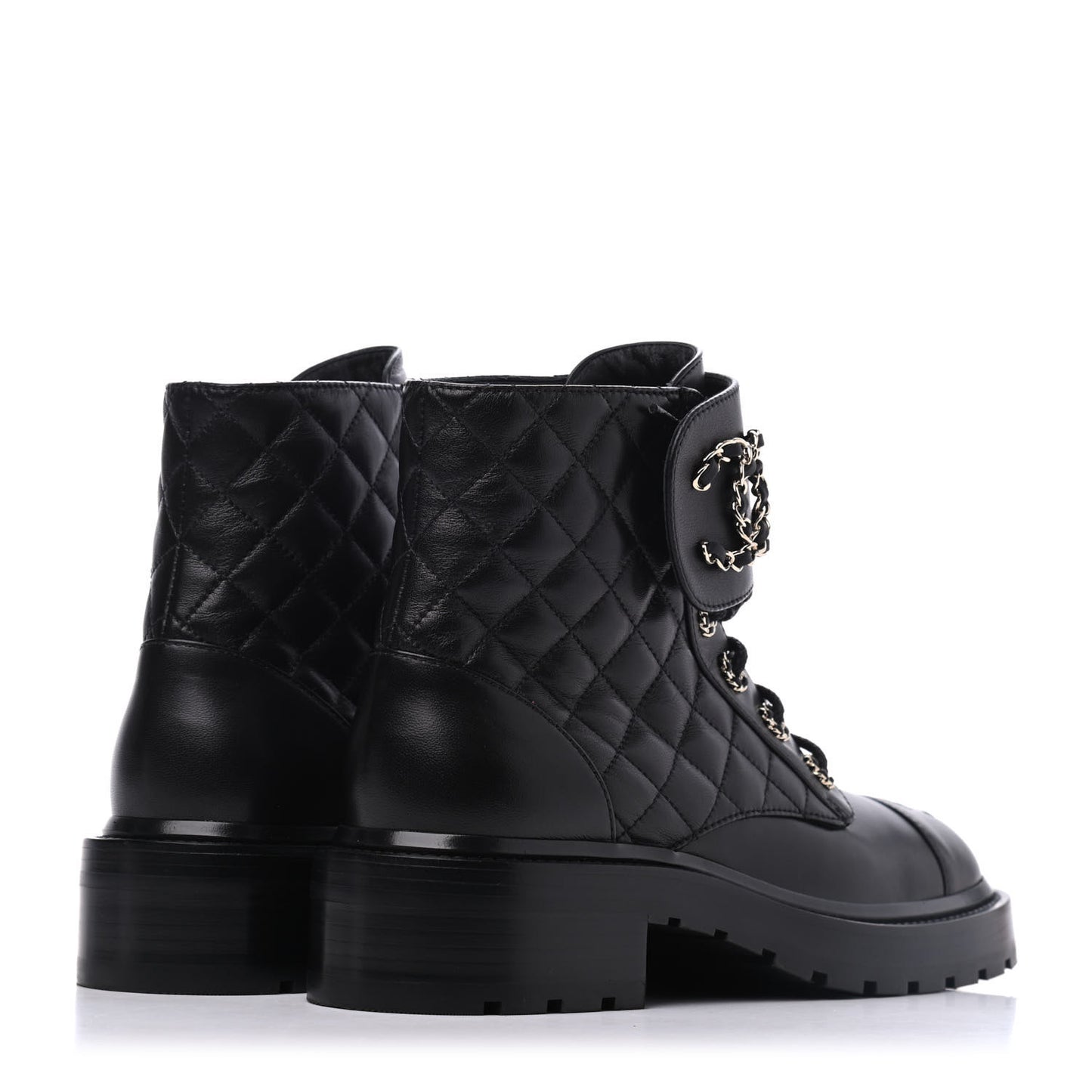 Shiny Lambskin Quilted Lace Up Combat Boots 38 Black