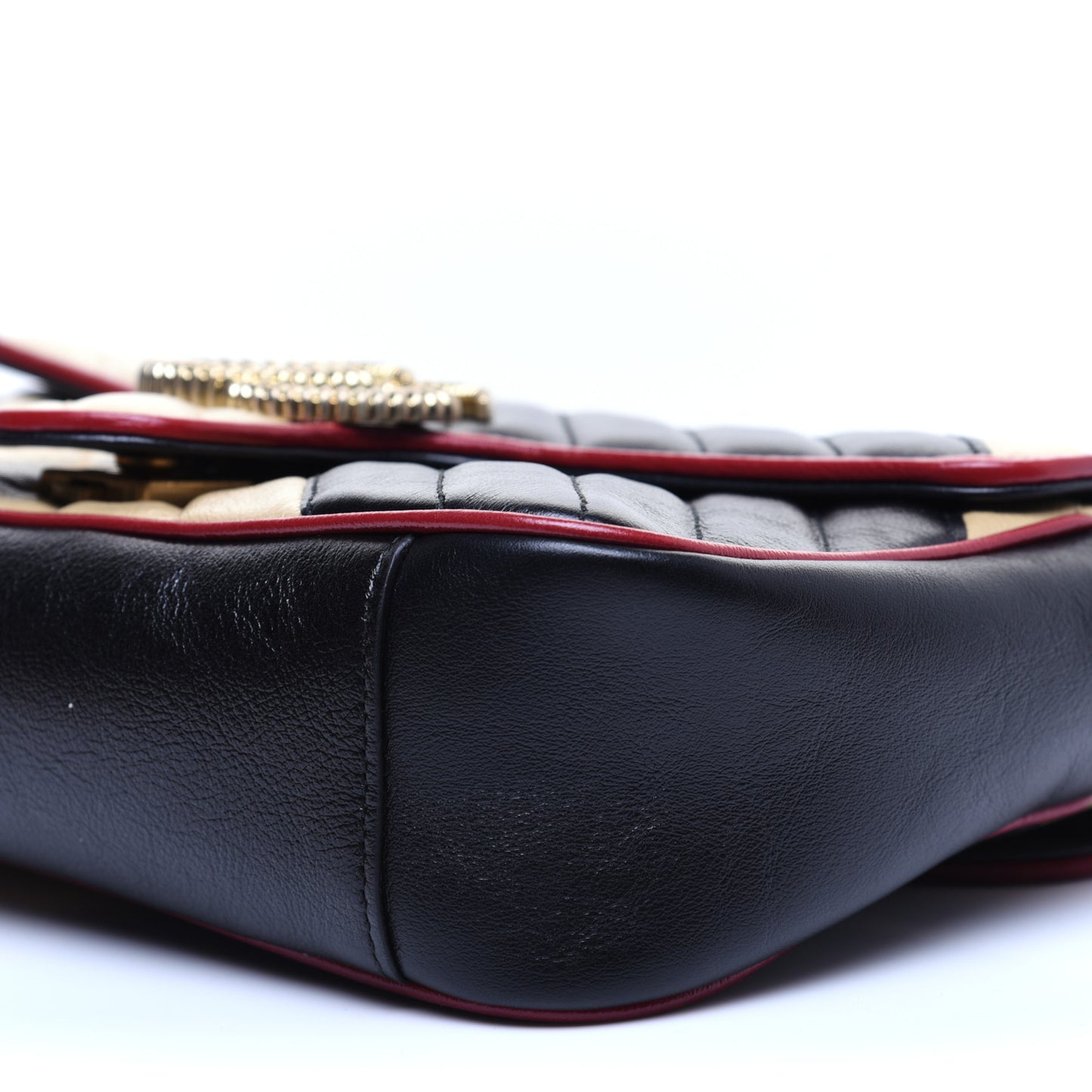 Vintage Effect Calfskin Matelasse Diagonal Striped Small Torchon GG Marmont Shoulder Bag Black Beige