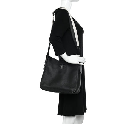 Prada Vitello Daino Soft Hobo Messenger Bag Black 2 of 10