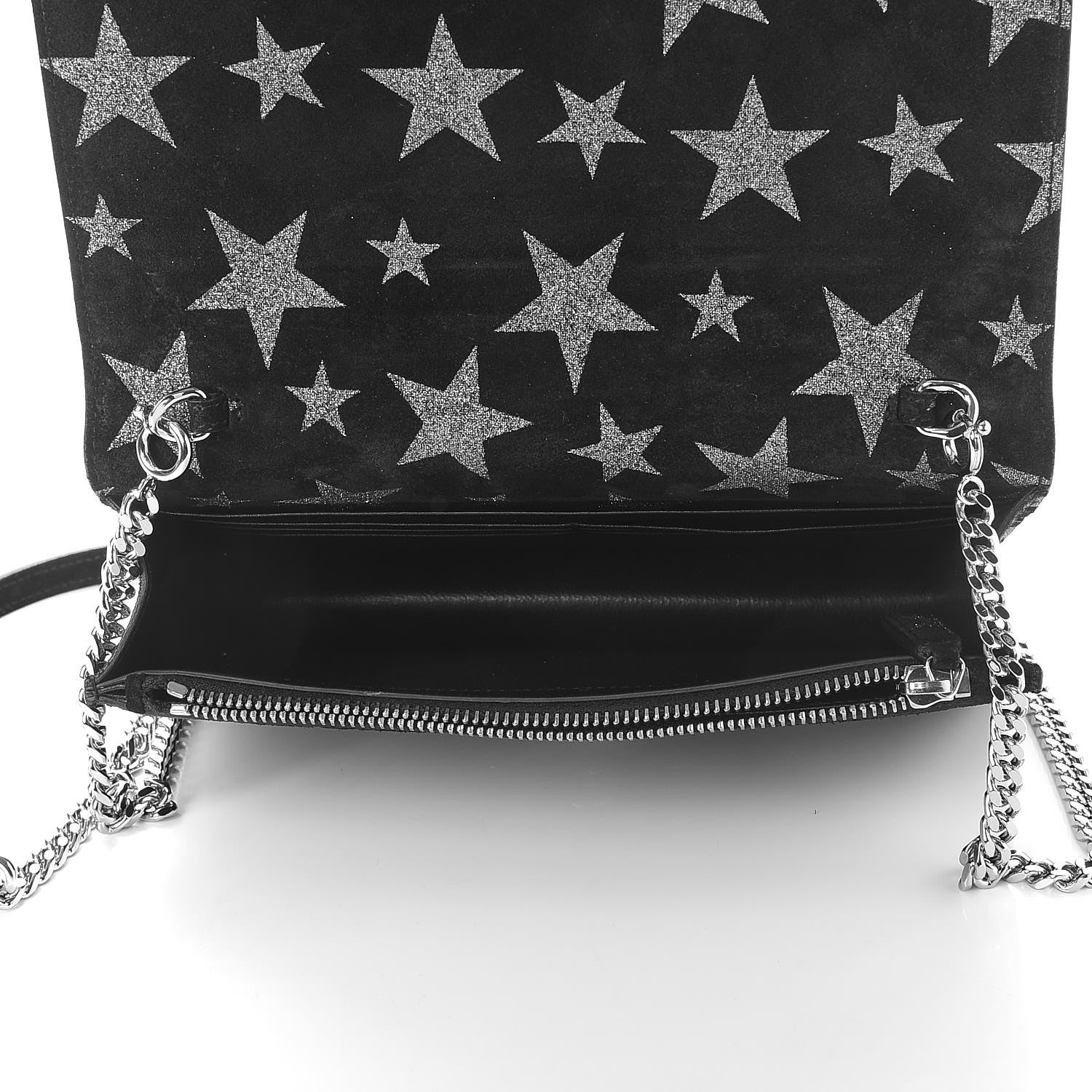 Saint Laurent Suede Star Print Monogram Chain Wallet Black Silver 5 of 8