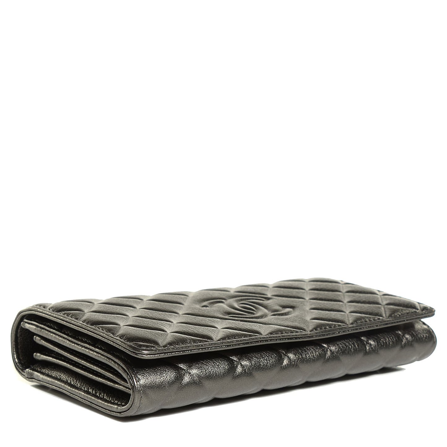 Calfskin Quilted Diamond CC Large Gusset Flap Wallet Dark Silver