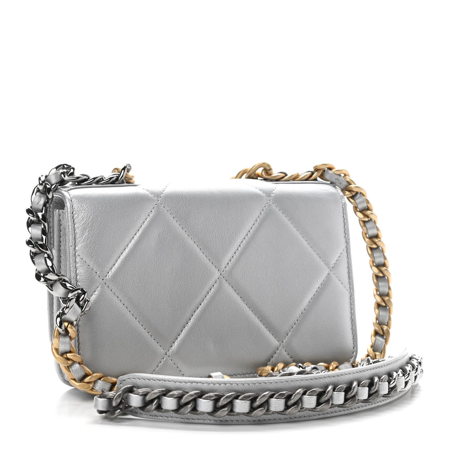 Chanel Metallic Lambskin Quilted Chanel 19 Wallet On Chain WOC Silver 3 of 12