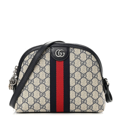 Gucci GG Supreme Monogram Textured Dollar Calfskin Web Small Ophidia Dome Shoulder Bag Beige Blue 1 of 12