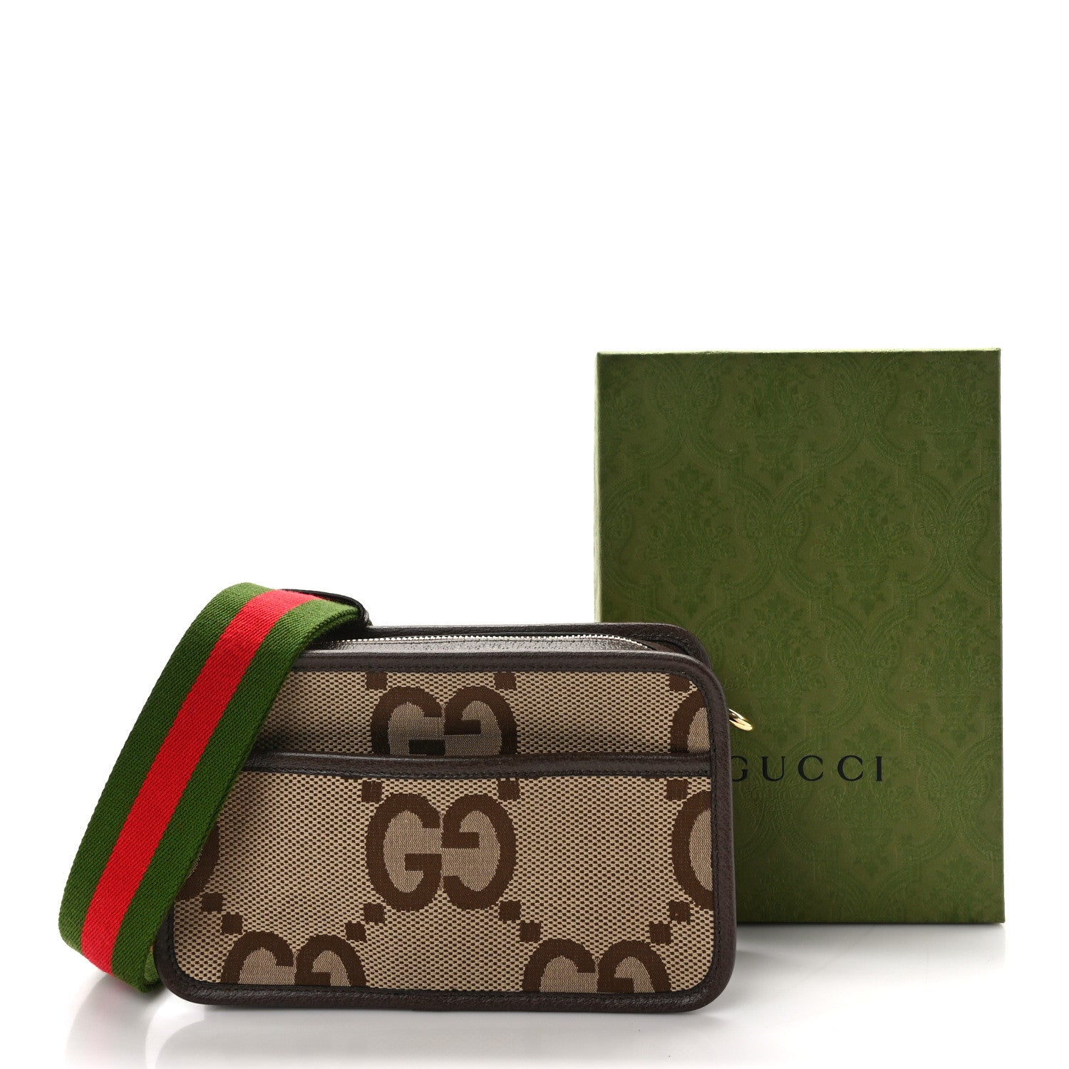 Gucci Monogram Jumbo GG Textured Dollar Calfskin Web Mini Crossbody Bag Camel Ebony New Acero 14 of 14