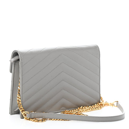 Saint Laurent Grain De Poudre Matelasse Chevron Monogram Envelope Chain Wallet Oyster Grey 3 of 8