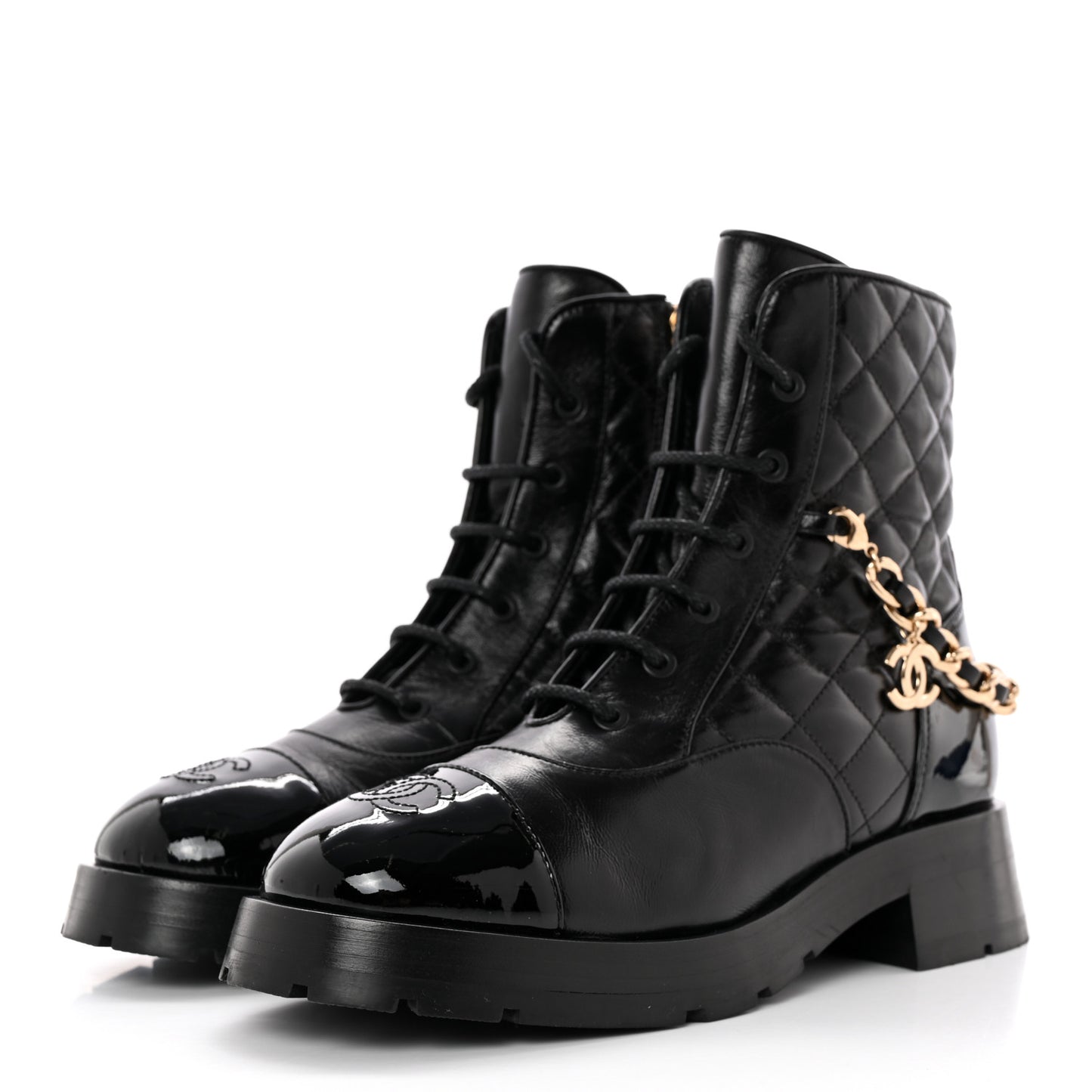 Shiny Calfskin Patent Quilted Chain Lace Up Combat Boots 39 Black