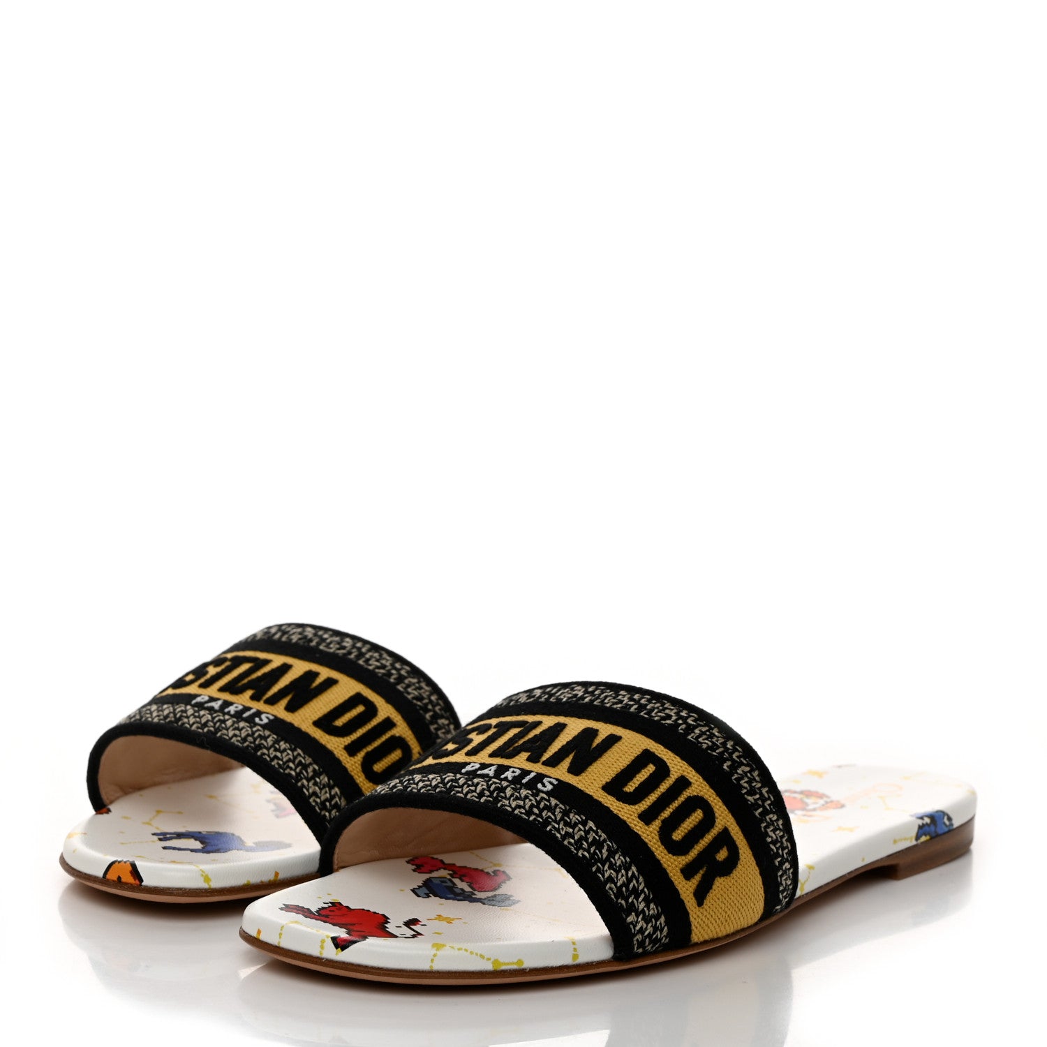 Christian Dior Canvas Embroidered Zodiac Mules Slide Sandals 38 White Multi 3 of 10