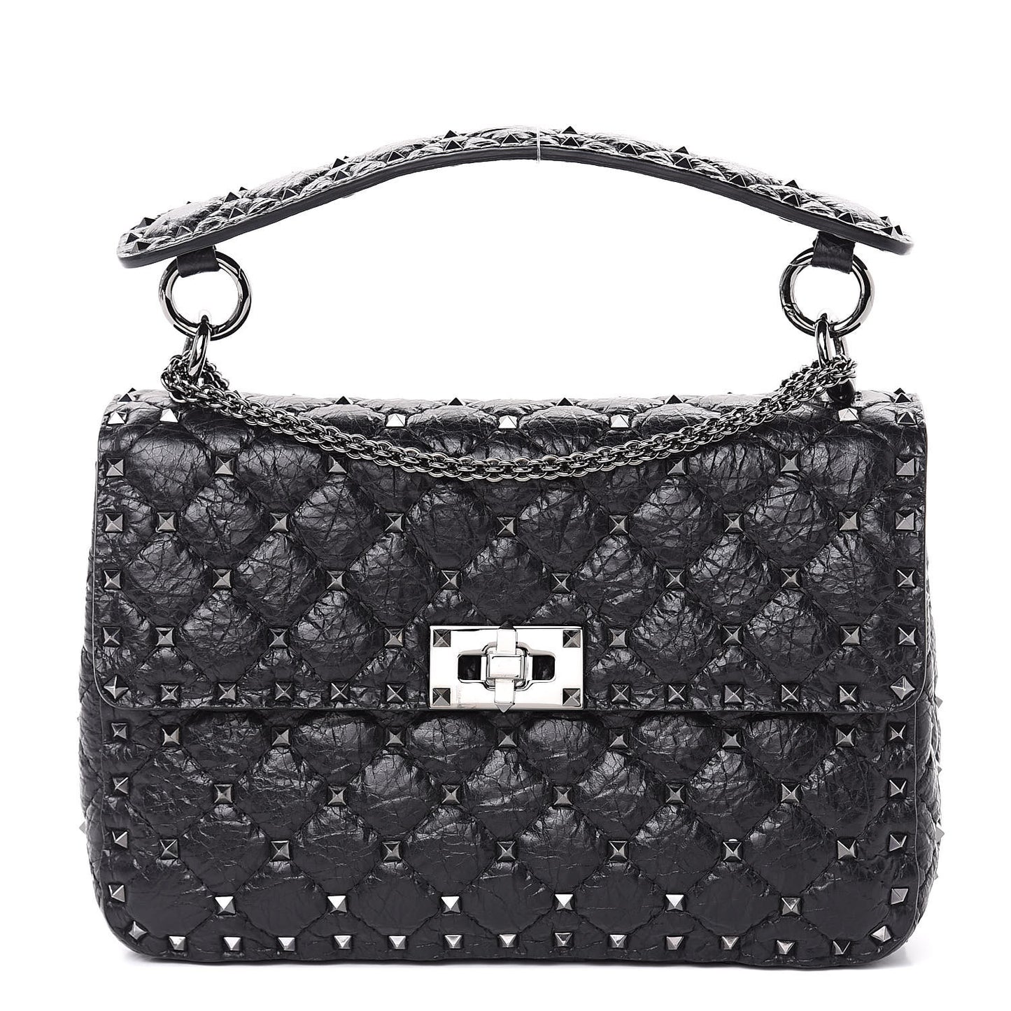 Craquele Nappa Medium Rockstud Spike Shoulder Bag Black