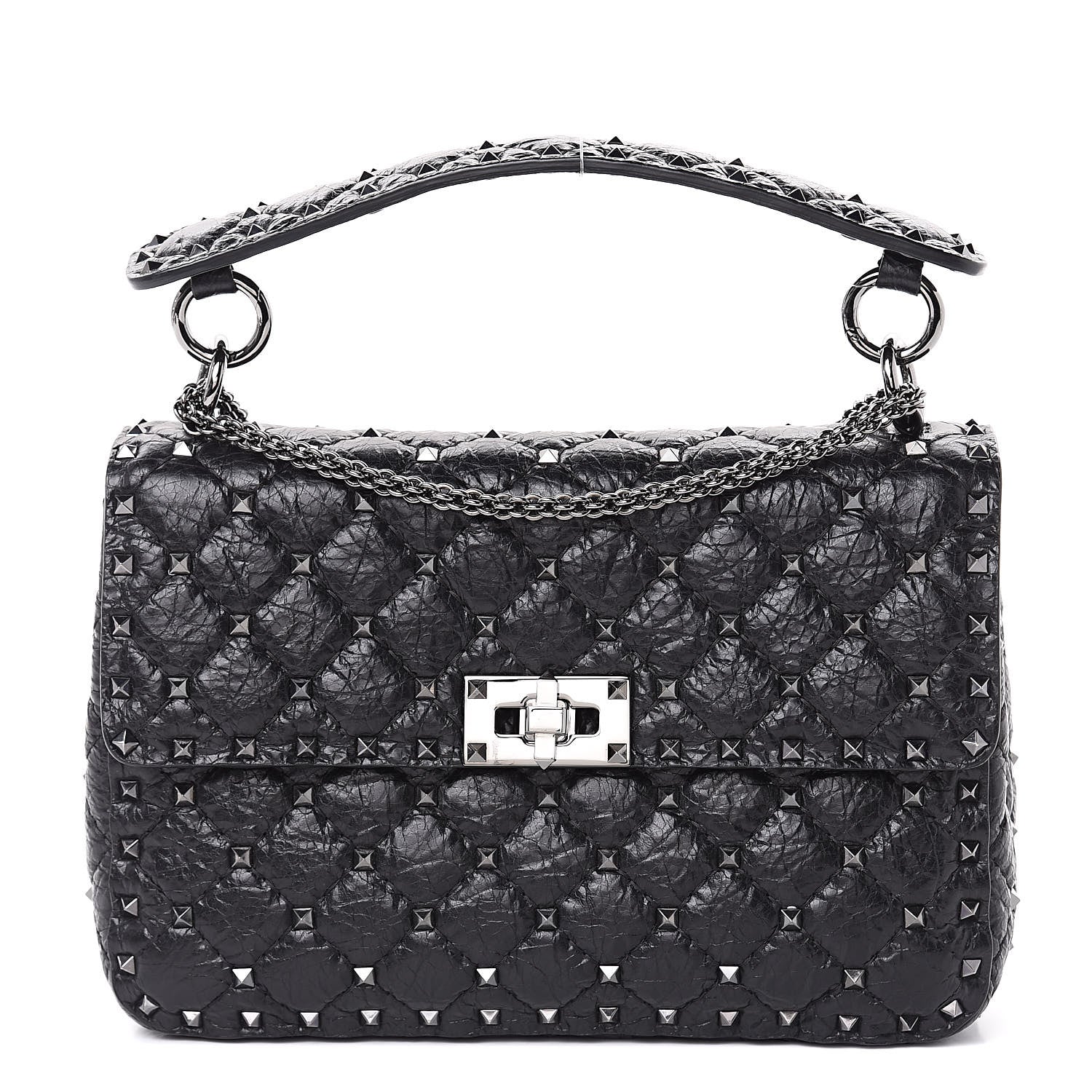 Valentino Garavani Craquele Nappa Medium Rockstud Spike Shoulder Bag Black 1 of 10