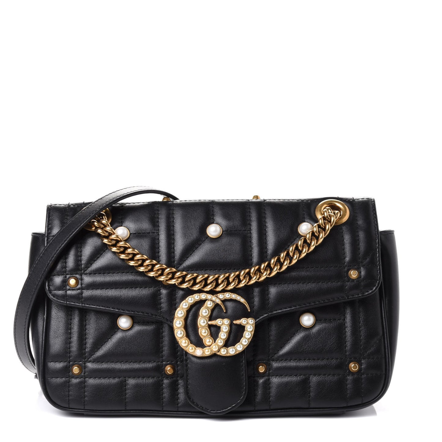 Calfskin Matelasse Studded Small Pearly GG Marmont Shoulder Bag Black