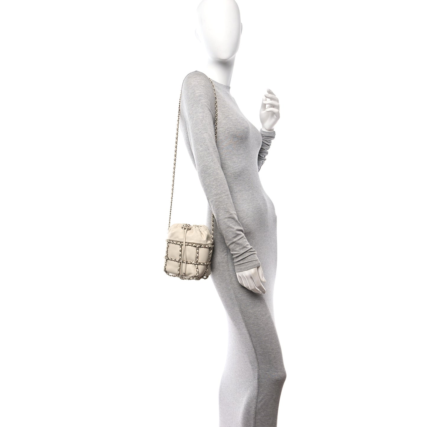 Lambskin Bucket Chain Drawstring Bag Beige