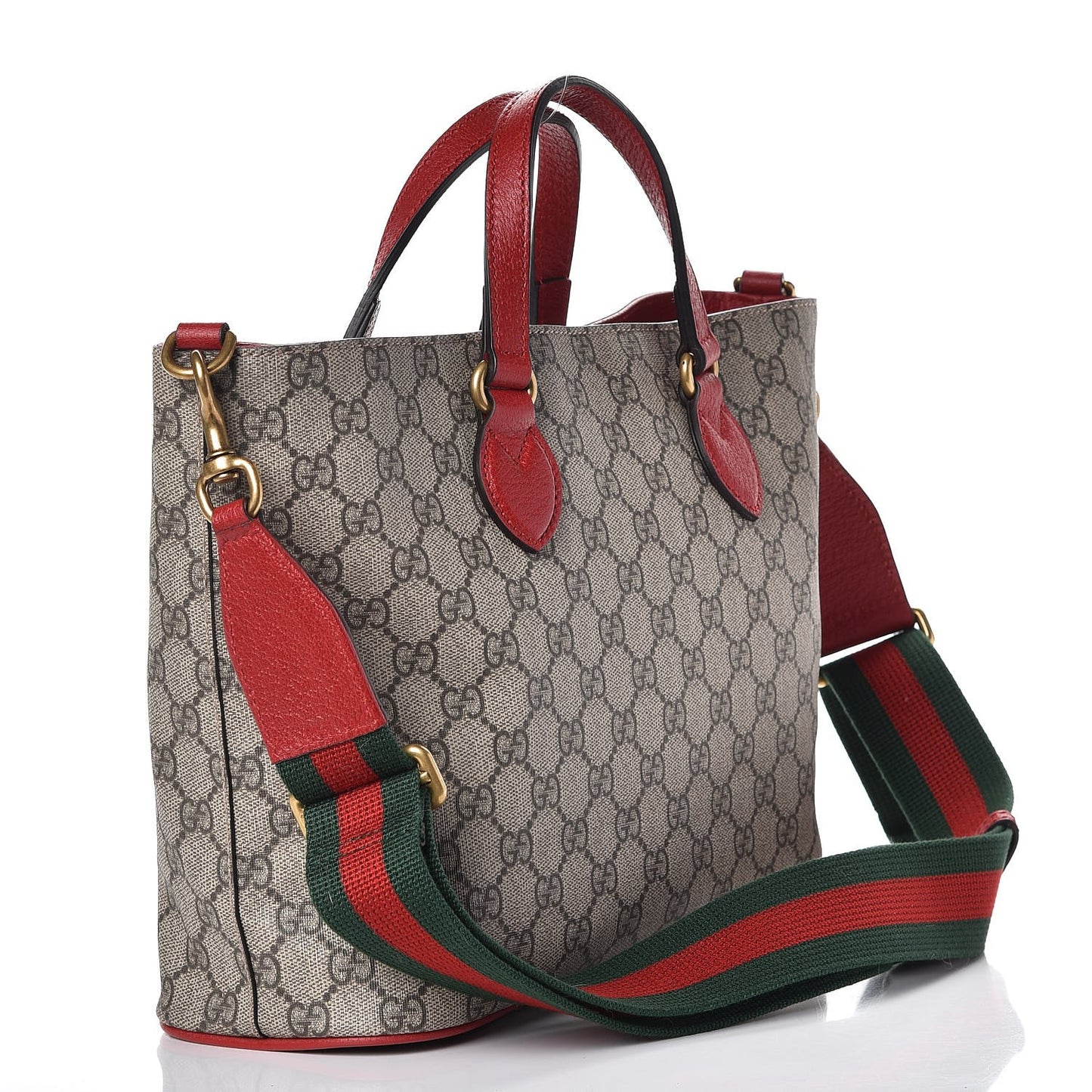 Soft GG Supreme Monogram Web Bosco Patch Small Crossbody Tote Beige Malva Hibiscus Red