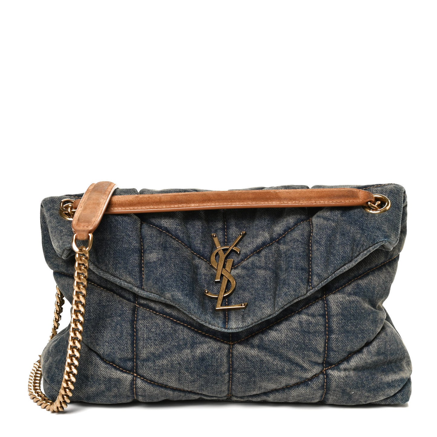 Denim Quilted Small Loulou Puffer Monogram Chain Satchel Blue Cinnamon