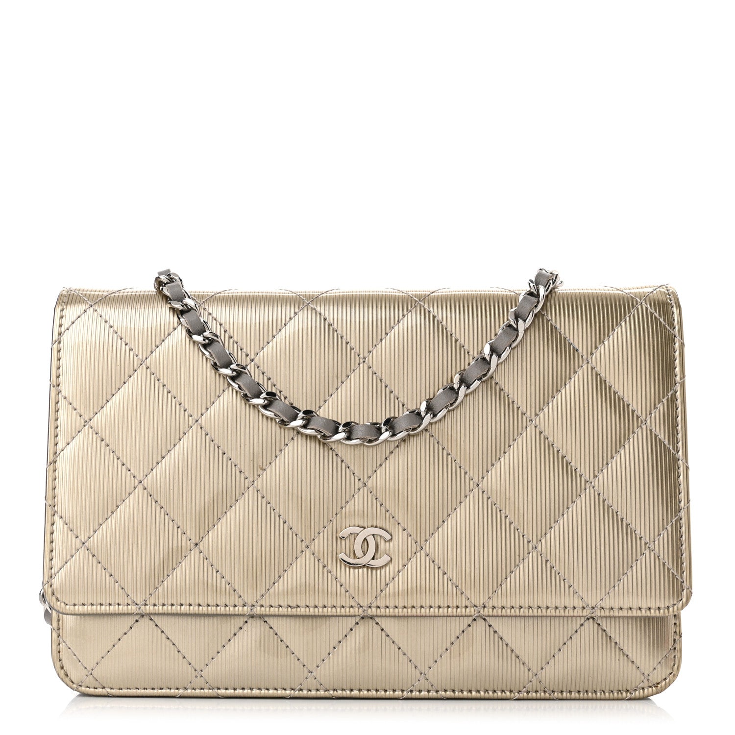Chanel Striated Patent Quilted Wallet On Chain WOC Beige 1 of 9