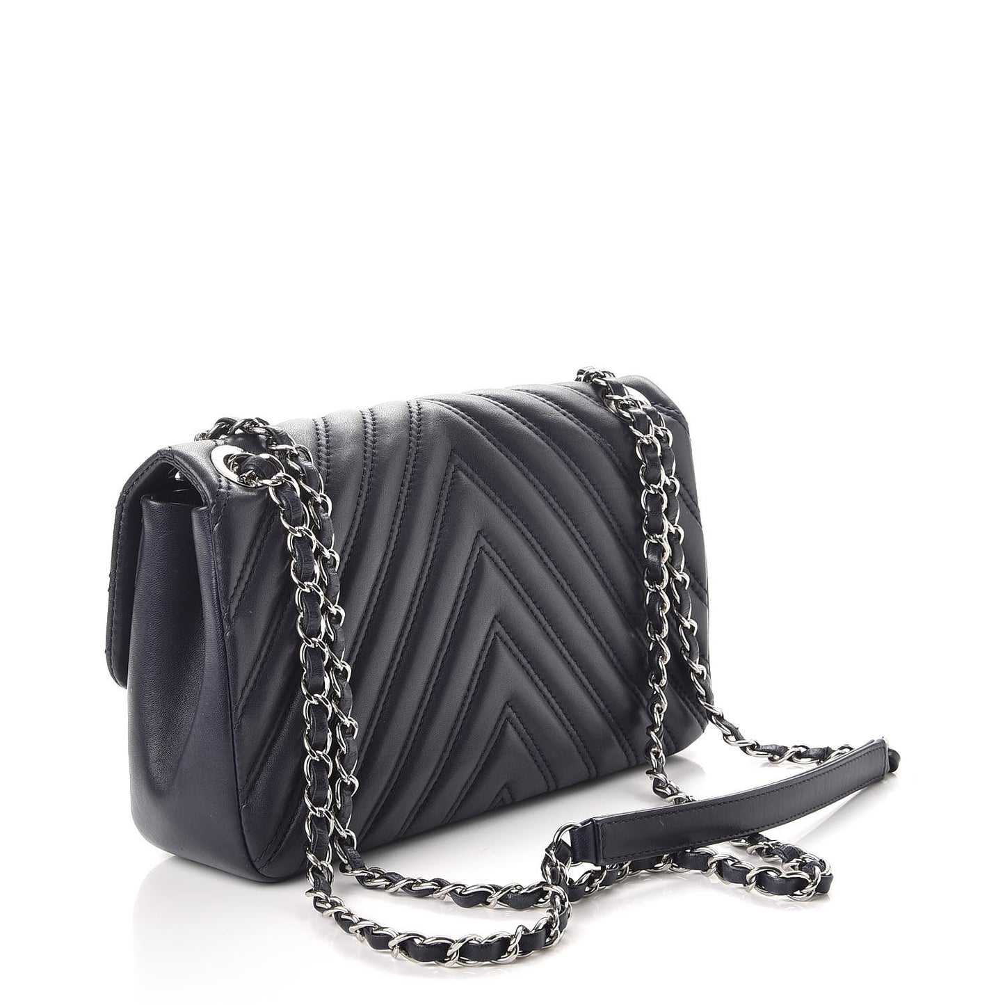 Lambskin Chevron Double Stitch Medium Single Flap Navy