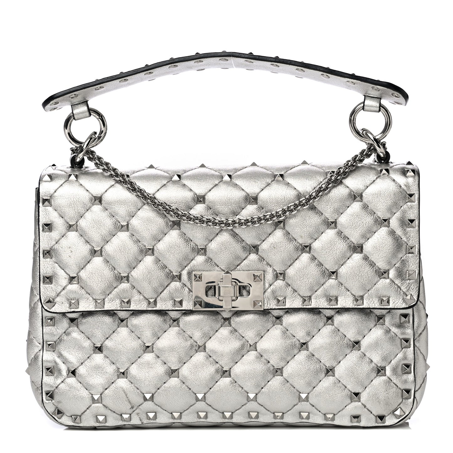 Metallic Nappa Medium Rockstud Spike Shoulder Bag Silver