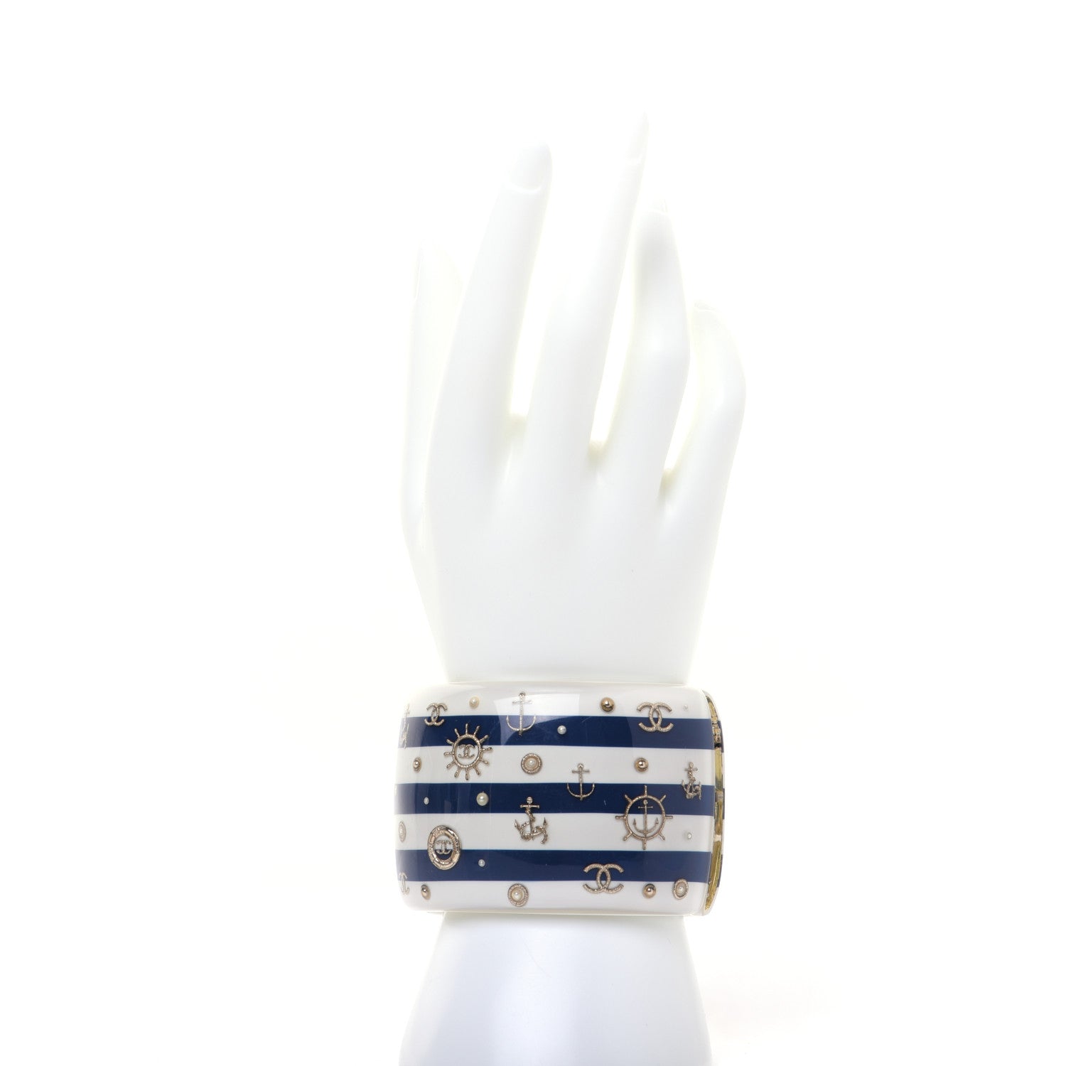 Chanel Resin Pearl Stripe CC Cuff White Navy 3 of 10