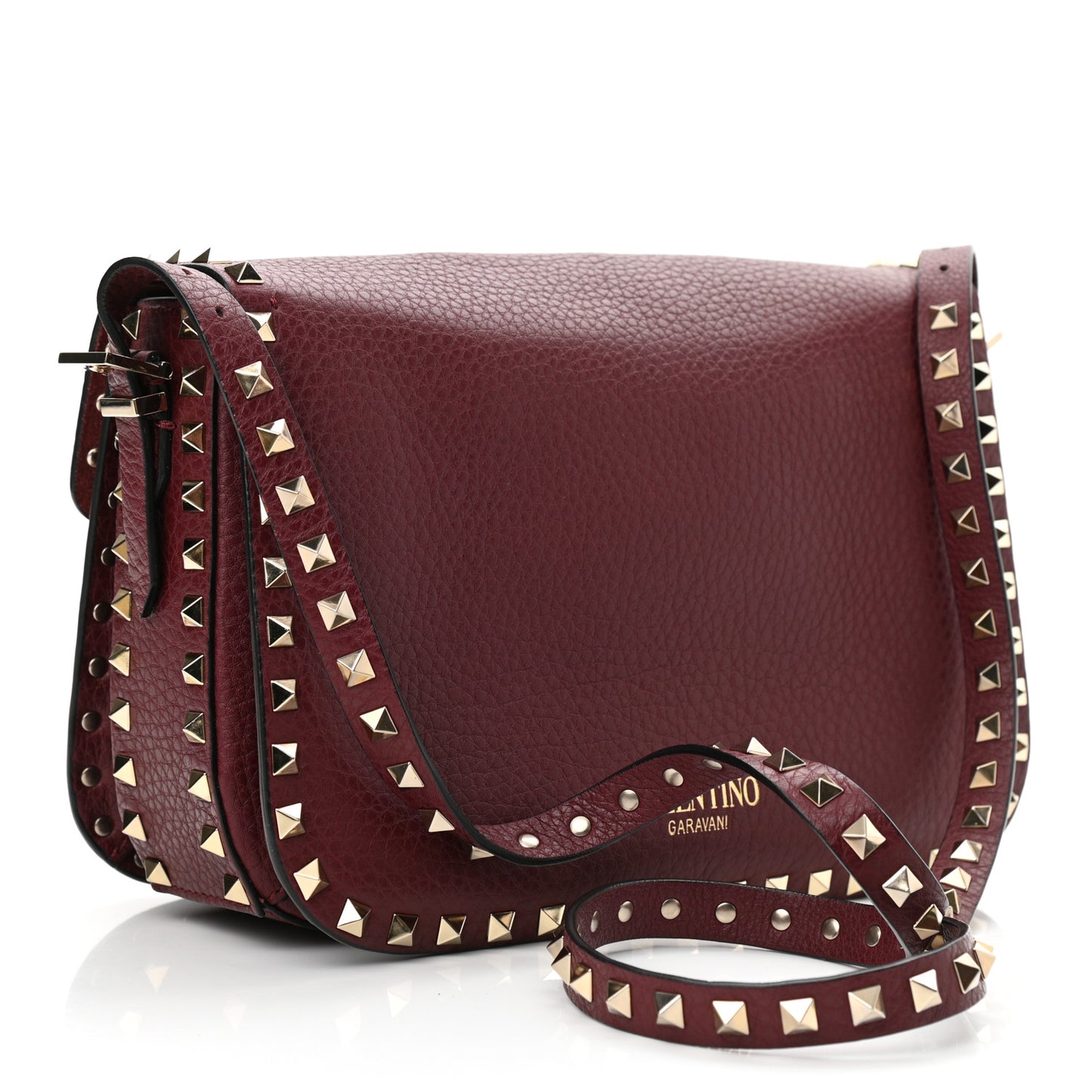 Pebbled Calfskin Medium Rockstud Flap Saddle Bag Rubino