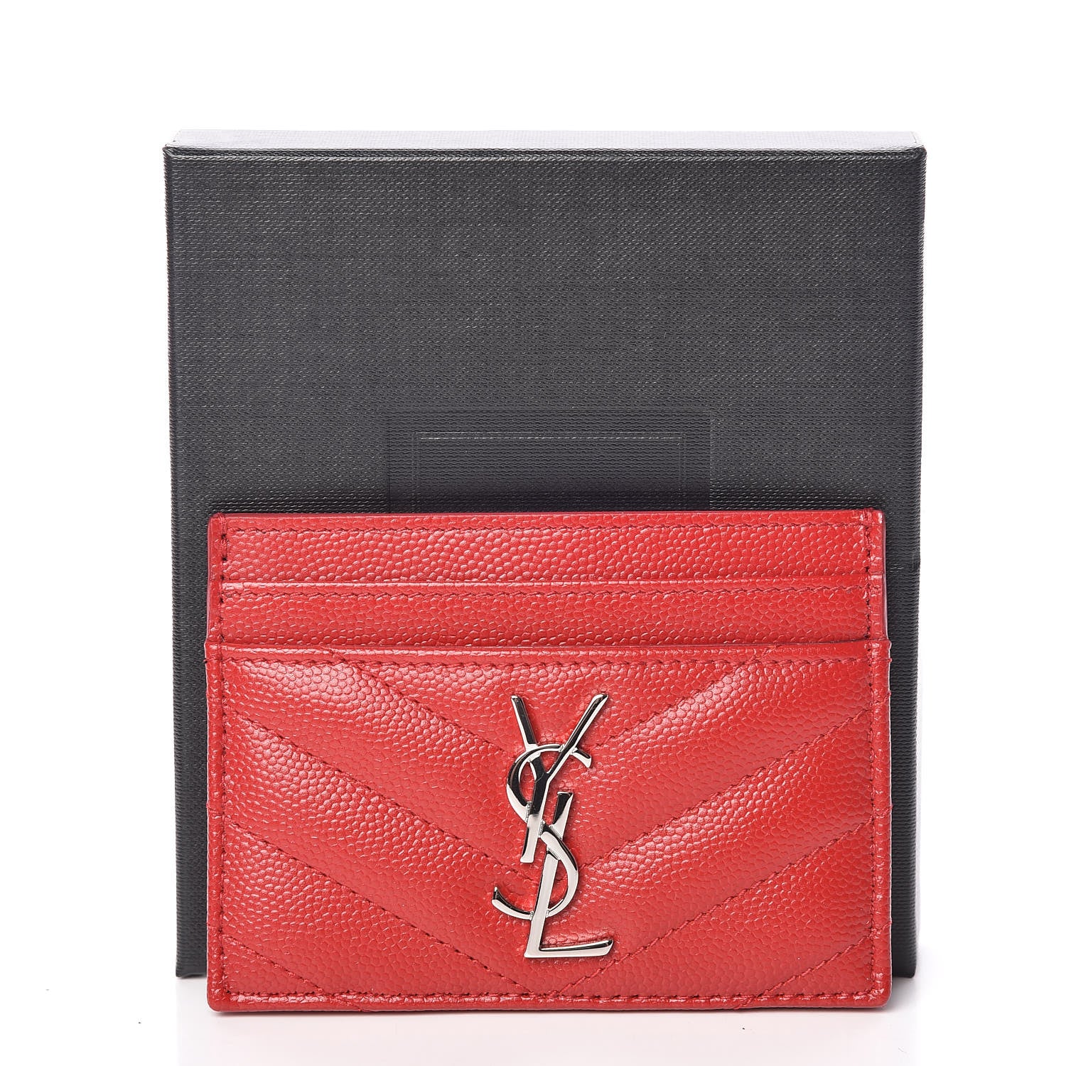 Saint Laurent Grain De Poudre Matelasse Chevron Monogram Credit Card Case New Red 10 of 10