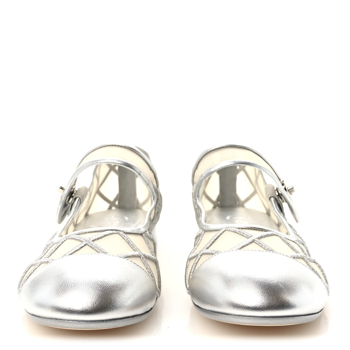 Chanel Laminated Lambskin Mesh Embroidered Quilted Mary Jane Cap Toe Flats  41 Silvered 3 of 9