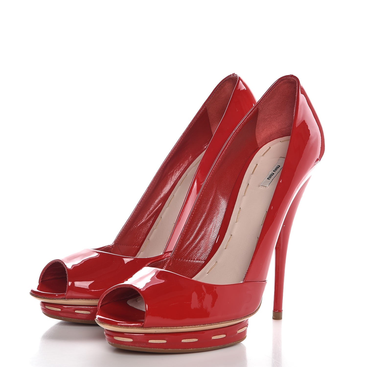 Miu Miu Patent Stitch Trim Peep Toe Pumps 39 Red 3 of 9